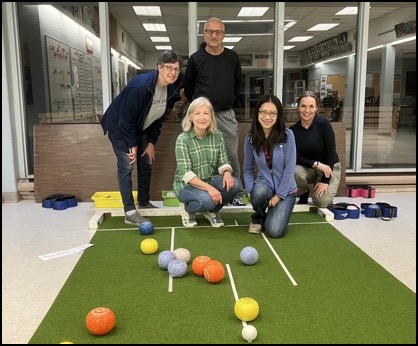 Photograph of five Willowdale Lawn Bowling Club who participated in short mat bowling during the winter of 2023-2024