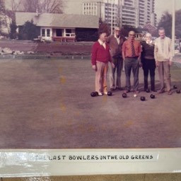 Five bowlers who are reputedly the last bowlers on the greens at 5090 Yonge Street, what is now known as Mel Lastman Square.  